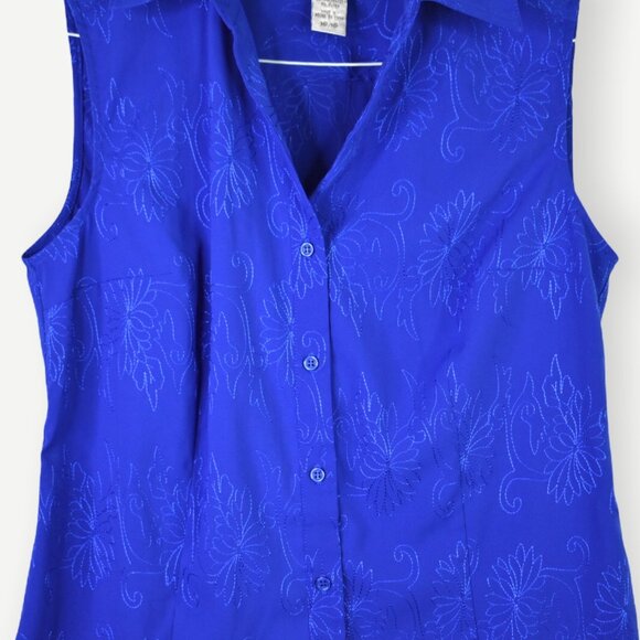 Fred David Top MP Womens Blue Sleeveless Collared Button Front V-Neck - Picture 3 of 10